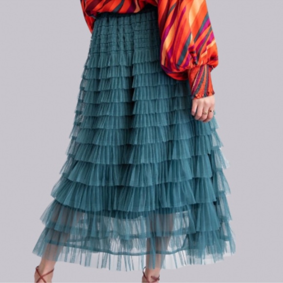 New in Fabulous Mesh Ruffle Faded Teal Maxi Skirt - Picture 5 of 7